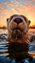 Glimpse of Serenity: A Captivating Closeup of a Beautiful Otter Amidst a Serene Sunset Reflection