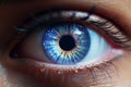 Glimpse into Serenity: A human eye, sparkling detailed light blue, Generative AI