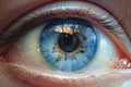 Glimpse into Serenity: A human eye, sparkling detailed light blue, Generative AI