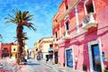 A glimpse of a square with a large palm tree in a small town in Sardinia in Italy. Digital painting.