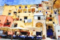 A glimpse of the traditional buildings of the fishing village on the island of Procida in Italy. Digital painting