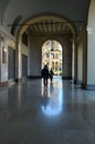 Glimpse of typical arcades in Castle square Turin Italy