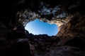 glimpses of sky visible from a deep cave shaft