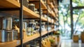 Glimpses of a zero waste stores interior can be seen in this defocused image with blurred shelves lined with stainless