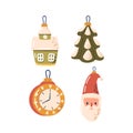 Glistening Christmas Toys. House, Pine Tree, Clock and Santa Claus Head Adorned With Vibrant Hues, Vector Illustration