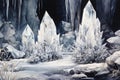 Glistening crystal golems protecting hidden treasures in icy caves - Generative AI