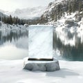 Glistening crystal lake background with pristine white marble podium display AI generation