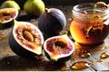 Glistening Honey Drizzled over Ripe Figs Juxtaposed Against a Rustic Wooden Table - Shallow Depth of Culinary Elegance