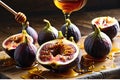 Glistening Honey Drizzled over Ripe Figs Juxtaposed Against a Rustic Wooden Table - Shallow Depth of Culinary Elegance