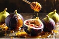 Glistening Honey Drizzled over Ripe Figs Juxtaposed Against a Rustic Wooden Table - Shallow Depth of Culinary Elegance