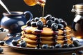 Glistening Honey Drizzled over a Stack of Golden Brown Pancakes Adorned with Fresh Plump Blueberries Royalty Free Stock Photo