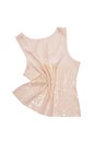 Glistening pink female top, isolated champagne sparkly blouse on white, evening wear has ivory colour, creamy spangle spiffy shirt