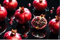 Glistening Pomegranate Seeds: Jewels with Tiny Water Droplets Scattered Atop a Sleek Black Reflective Surface