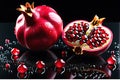 Glistening Pomegranate Seeds: Jewels with Tiny Water Droplets Scattered Atop a Sleek Black Reflective Surface