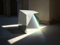 glistening prism reflecting light from a limestone ledge. Podium, empty showcase for packaging product presentation, AI