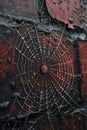 Glistening raindrops on a spider web capturing the intricacy and beauty of nature. Old brick wall with peeling paint