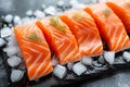 Glistening raw salmon over ice, an inviting display for seafood lovers