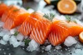 Glistening raw salmon over ice, an inviting display for seafood lovers