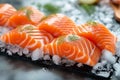 Glistening raw salmon over ice, an inviting display for seafood lovers