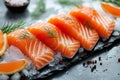 Glistening raw salmon over ice, an inviting display for seafood lovers