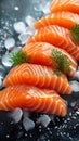 Glistening raw salmon over ice, an inviting display for seafood lovers