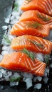 Glistening raw salmon over ice, an inviting display for seafood lovers