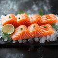Glistening raw salmon over ice, an inviting display for seafood lovers