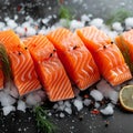 Glistening raw salmon over ice, an inviting display for seafood lovers