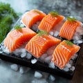 Glistening raw salmon over ice, an inviting display for seafood lovers