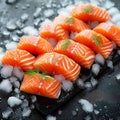 Glistening raw salmon over ice, an inviting display for seafood lovers