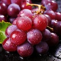 Close-up of water-drenched red grapes creating a reflective surface. AI generation