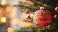 A glistening red ornament hangs on a Christmas tree, casting a festive glow with bokeh lights, evoking the enchantment of the