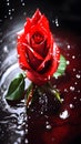 Glistening Red Rose: Dew-Kissed Elegance in Bloom