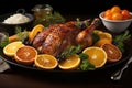 Glistening roasted turkey served with slices of orange and garnishes, ready for a festive feast. Royalty Free Stock Photo