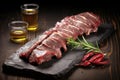glistening smoked ribs on chalk slate next to amber ale bottle Royalty Free Stock Photo