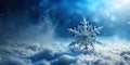 A glistening snowflake rests gently in a field of pristine snow, under a mesmerizing winter sky. Generative AI