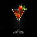 Generative AI. Sparkling Strawberry Cocktail Garnished With Mint in a Martini Glass Against a Dark Background Royalty Free Stock Photo