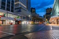 Glistening streets and light streams of passing traffic in city downtown business district with illuminated business brands and Royalty Free Stock Photo