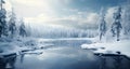 Glistening sunny winter calm river scene Royalty Free Stock Photo