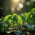 Glistening water drops on green leaves, sunlight, blurry forest background