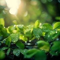 Glistening water drops on green leaves, sunlight, blurry forest background