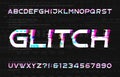 Glitch alphabet font. Digital distort letters and numbers on glitched background.