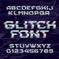 Glitch alphabet font. Distorted type letters and numbers on a glitched background.