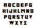 Glitch alphabet. Font with distortion effect. Isolated vector illustration.