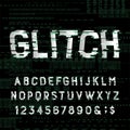 Glitch alphabet font. Distressed type letters and numbers on dark glitched background.