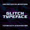 Glitch alphabet font. Distressed type letters and numbers on a dark glitched background.