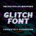 Glitch alphabet font. oblique type letters and numbers on a glitched background.