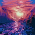 Glitchpunk-inspired Canvas Painting: Elaborate Red Sky And Water