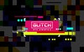 Glitch banner on dark backdrop. Color distortion with random tiles. Modern concept. Abstract horizontal lines. Chaotic