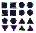 Glitch black frames of different shape. Distorted signal, square and round, triangle and polygonal figures